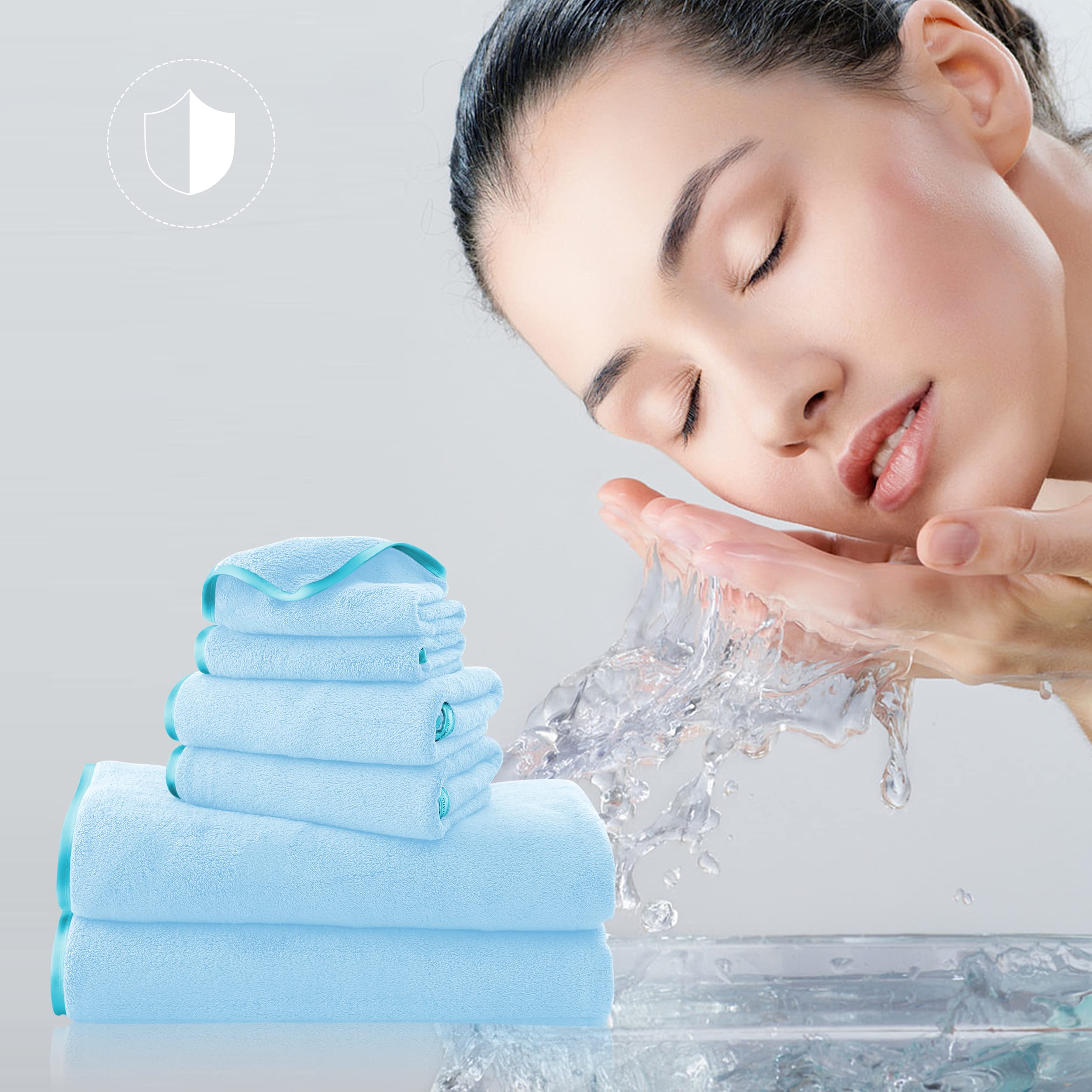 TENSTARS Luxury Silk Hemming Towel Set - Light Thin Quick Drying - 2 Bath Towels 2 Hand Towels 2 Washcloths - Ultra Soft Microfiber Towel for Bath Fitness  Sports  Yoga  Travel (Aquamarine 6 Pieces)